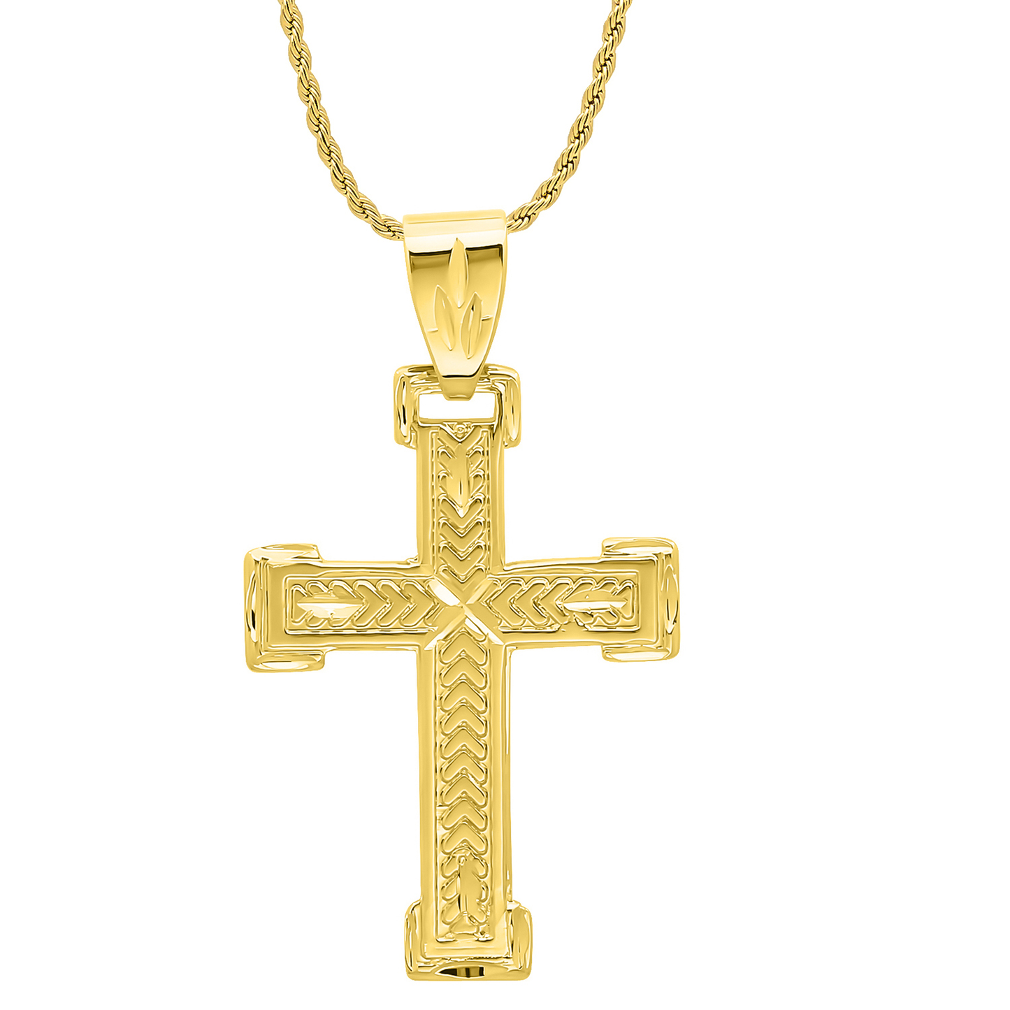 14k Gold Heavy Plated Inlay Cross Pendant + Chain Necklace Choose Style (Rope, Figaro, or Curb) Set