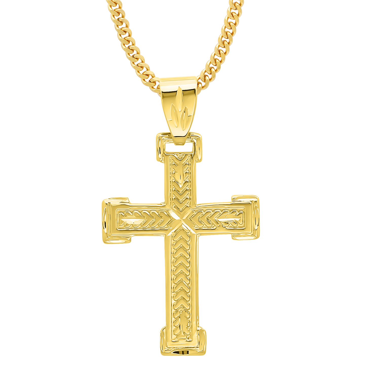 14k Gold Heavy Plated Inlay Cross Pendant + Chain Necklace Choose Style (Rope, Figaro, or Curb) Set