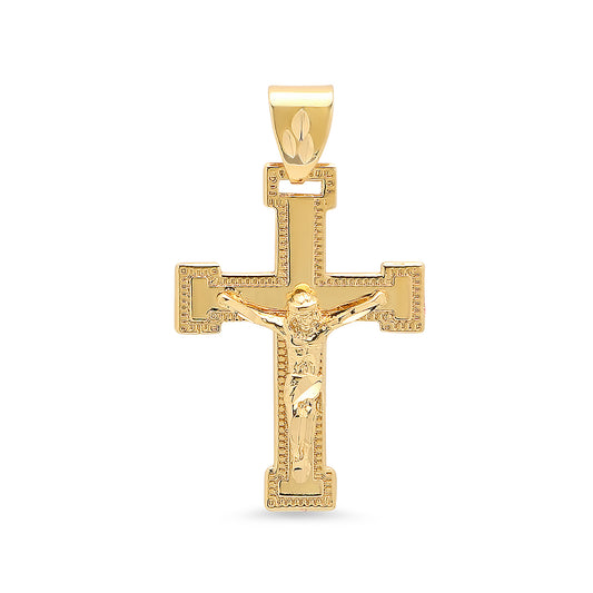 Large 32mm x 46mm 14k Gold Plated Milgrain Bordered Crucifix Pendant