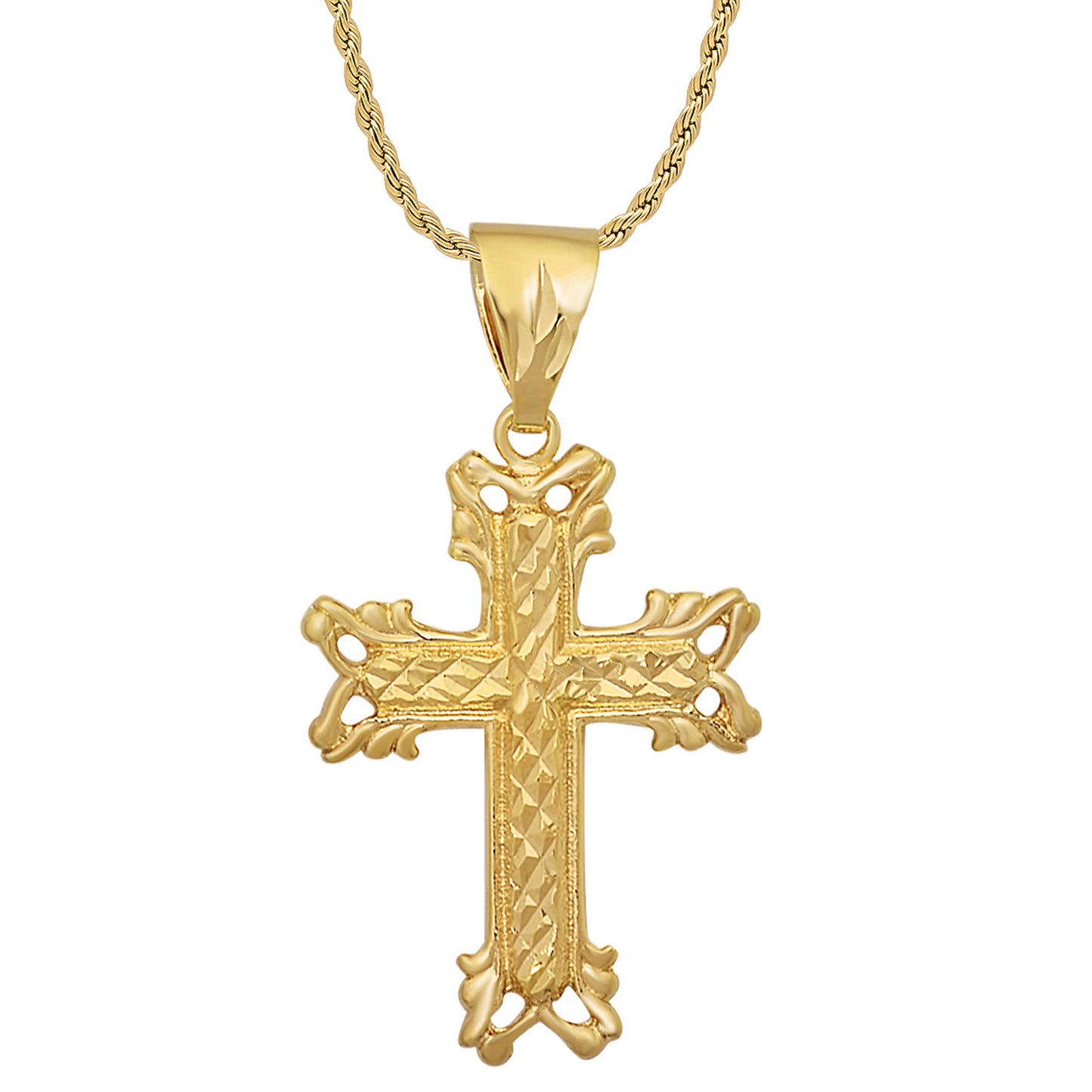 14k Gold Heavy Plated Diamond-Pattern Maltese Cross Pendant + Chain Necklace Choose Style (Rope, Figaro, or Curb) Set