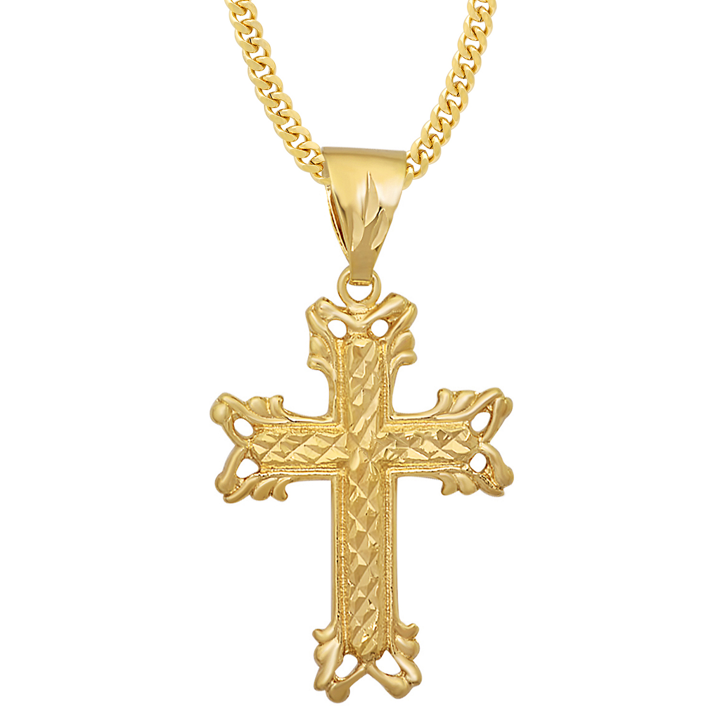 14k Gold Heavy Plated Diamond-Pattern Maltese Cross Pendant + Chain Necklace Choose Style (Rope, Figaro, or Curb) Set