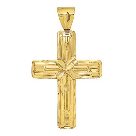 Large 32mm x 45mm 14k Gold Plated Striated Textured Cross Pendant,