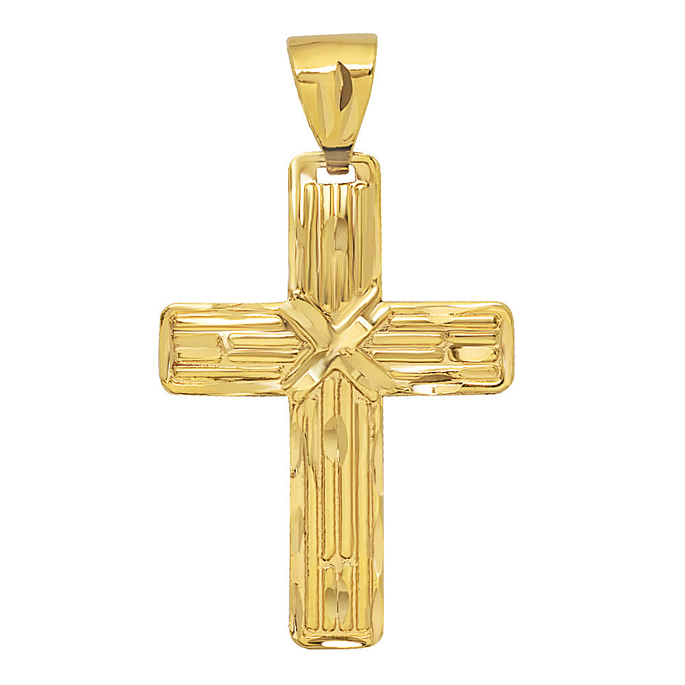 Large 14k Gold Heavy Plated Striated Textured Cross Pendant + Chain Necklace Choose Style (Rope, Figaro, or Curb) Set