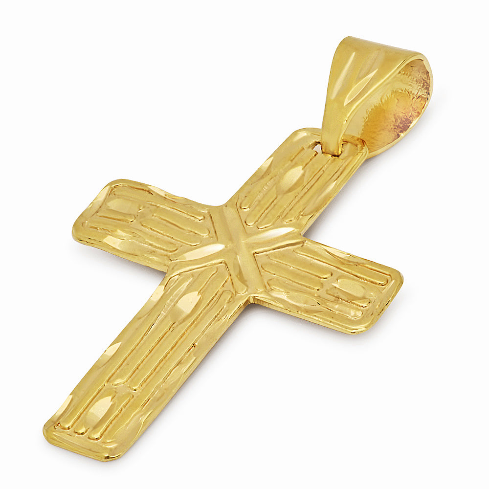 Large 14k Gold Heavy Plated Striated Textured Cross Pendant + Chain Necklace Choose Style (Rope, Figaro, or Curb) Set