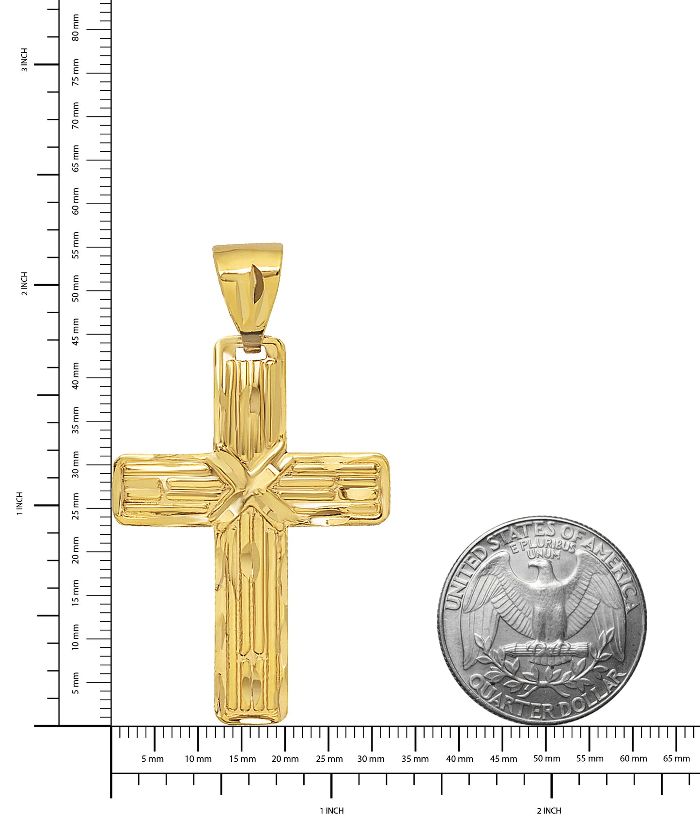 Large 32mm x 45mm 14k Gold Plated Striated Textured Cross Pendant,