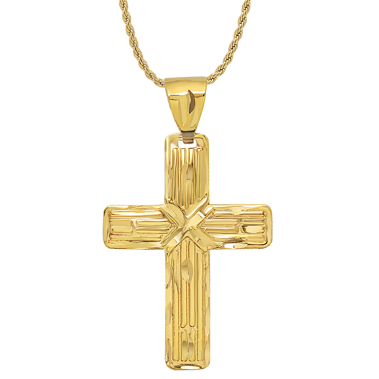 Large 14k Gold Heavy Plated Striated Textured Cross Pendant + Chain Necklace Choose Style (Rope, Figaro, or Curb) Set