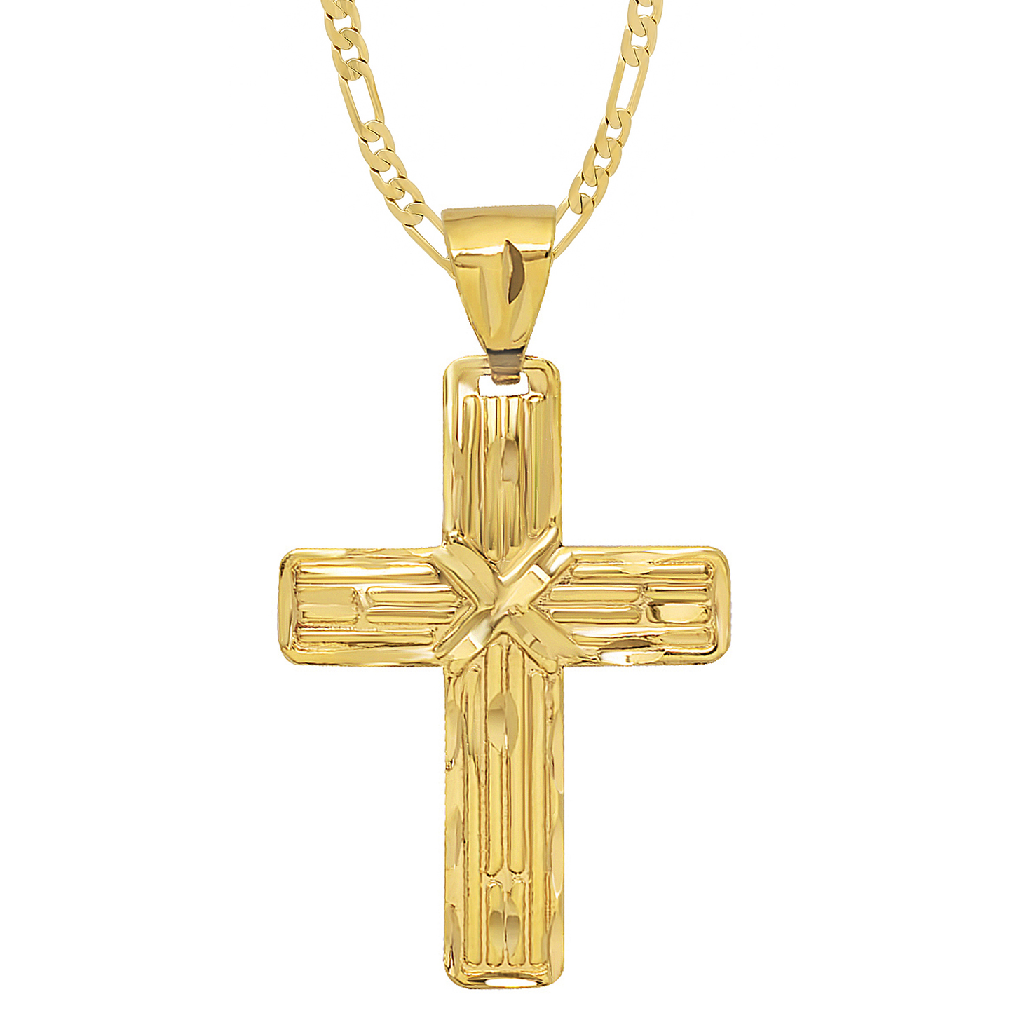 Large 14k Gold Heavy Plated Striated Textured Cross Pendant + Chain Necklace Choose Style (Rope, Figaro, or Curb) Set