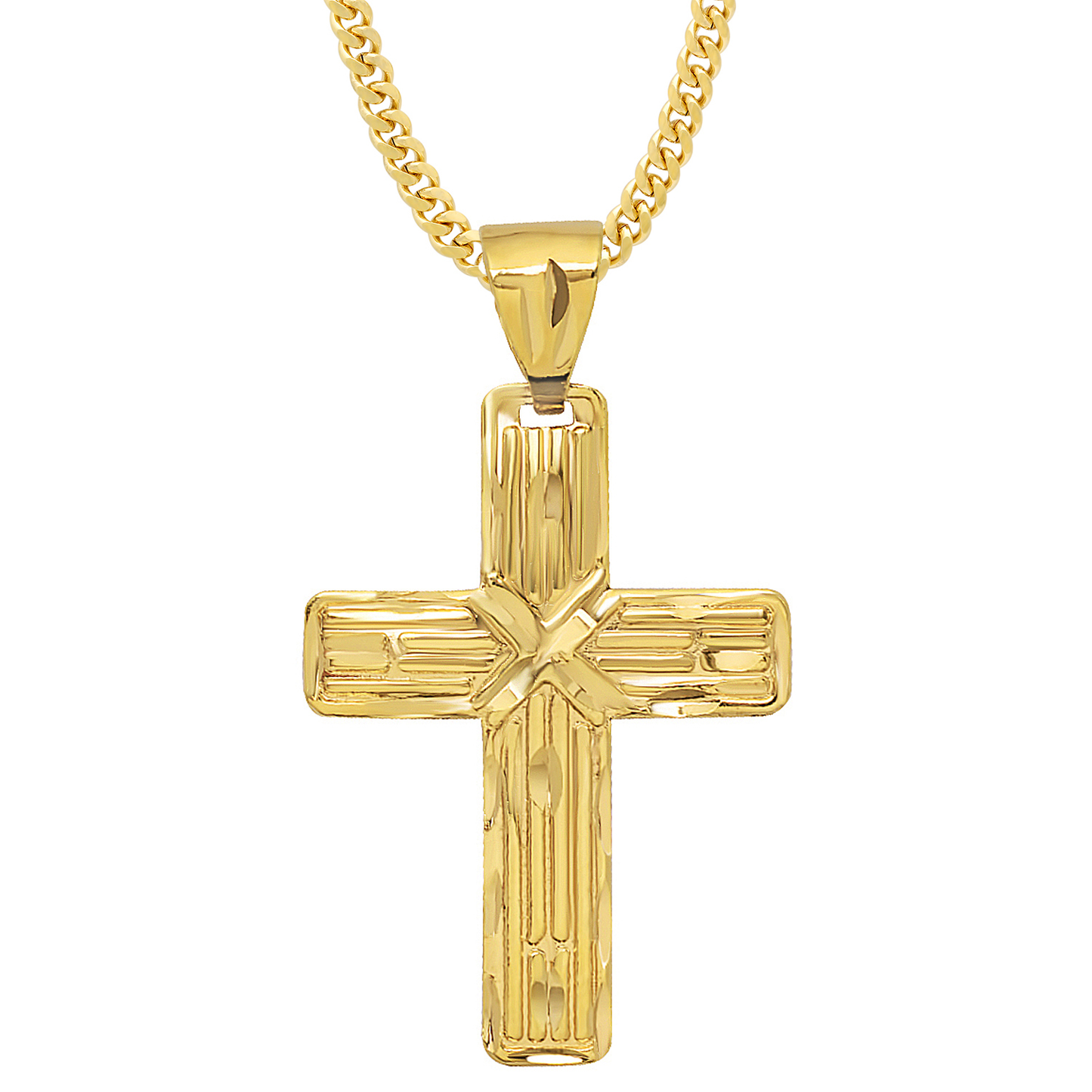 Large 14k Gold Heavy Plated Striated Textured Cross Pendant + Chain Necklace Choose Style (Rope, Figaro, or Curb) Set