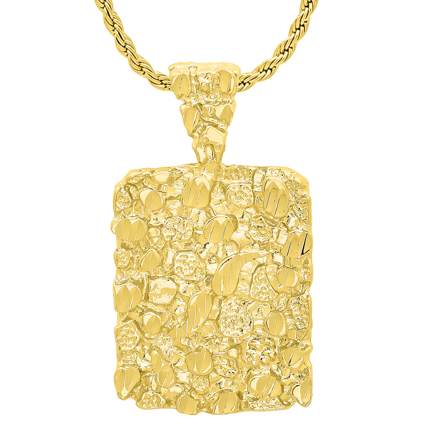 14K Gold Heavy Plated Chunky Nugget Textured Rectangular Pendant + Chain Necklace Choose Style (Rope, Figaro, or Curb) Set