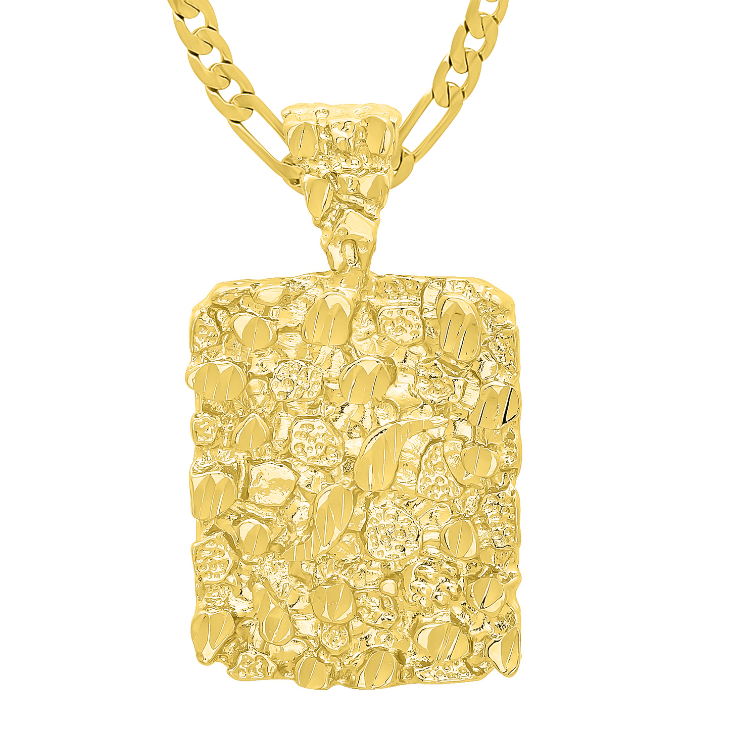 14K Gold Heavy Plated Chunky Nugget Textured Rectangular Pendant + Chain Necklace Choose Style (Rope, Figaro, or Curb) Set