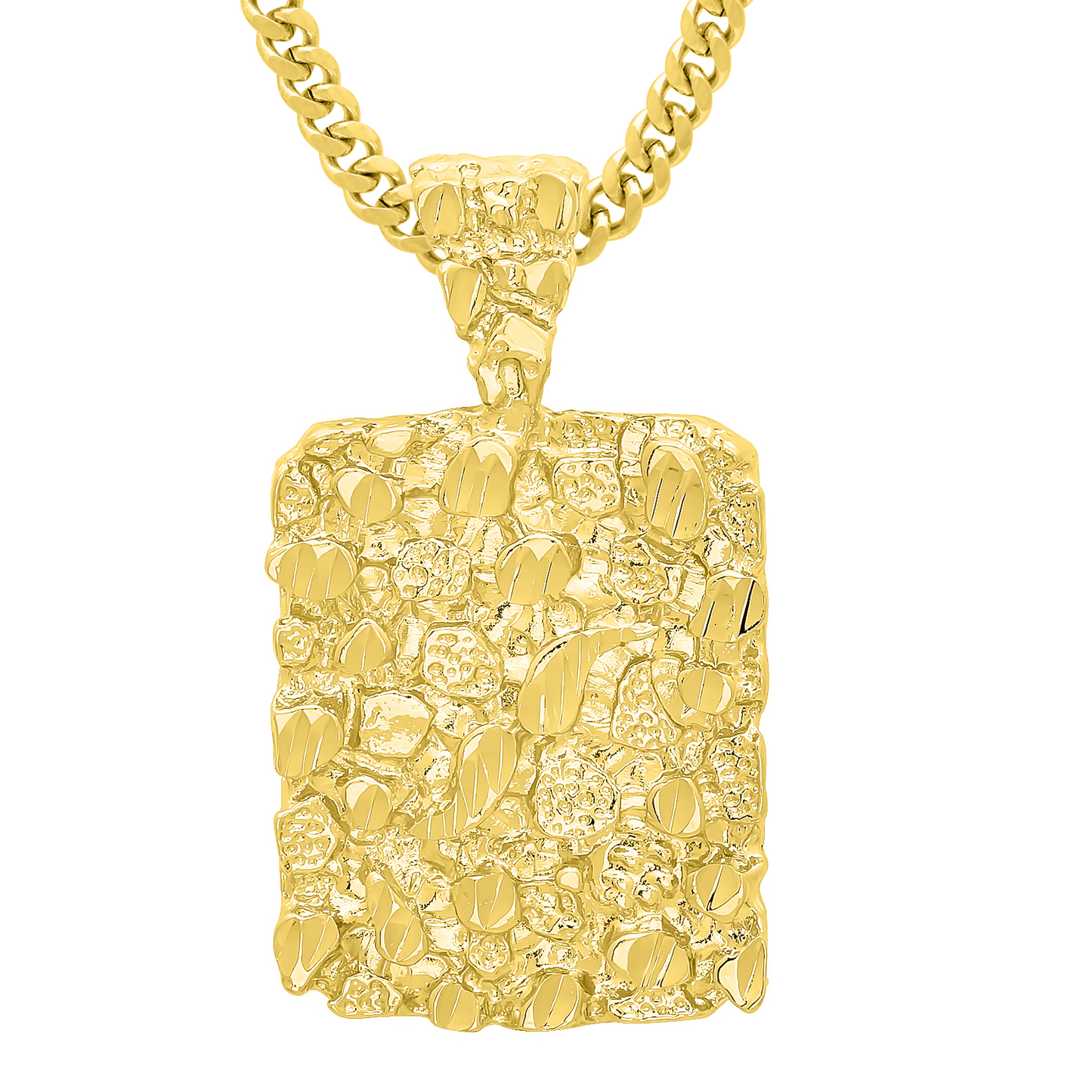 14K Gold Heavy Plated Chunky Nugget Textured Rectangular Pendant + Chain Necklace Choose Style (Rope, Figaro, or Curb) Set