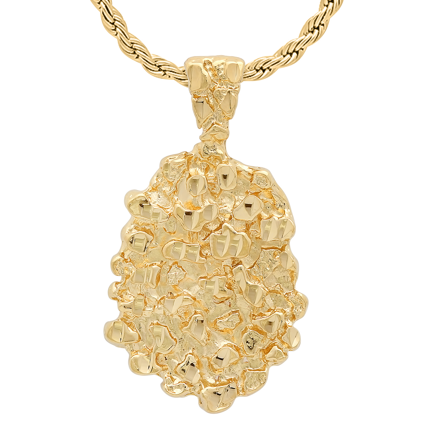 14K Gold Heavy Plated Chunkly Nugget Cut Medallion Charm Pendant + Chain Necklace Choose Style (Rope, Figaro, or Curb) Set & Length