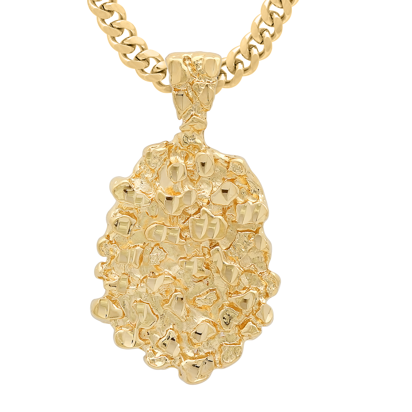 14K Gold Heavy Plated Chunkly Nugget Cut Medallion Charm Pendant + Chain Necklace Choose Style (Rope, Figaro, or Curb) Set & Length