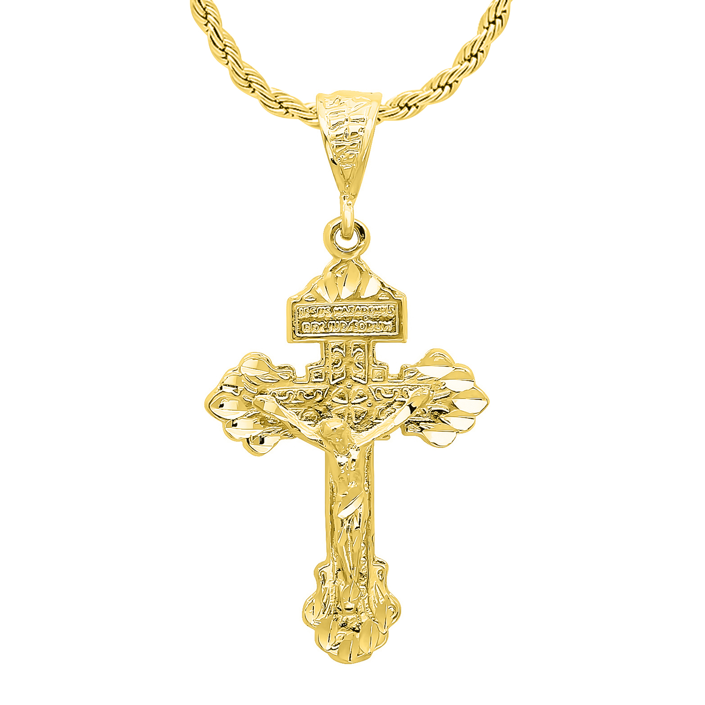 14k Gold Heavy Plated Titulus Cross Crucifix Pendant - Choose Chain Style Set- Rope, Curb or Figaro