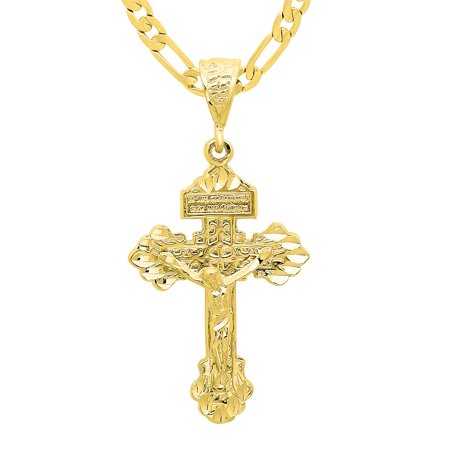 14k Gold Heavy Plated Titulus Cross Crucifix Pendant - Choose Chain Style Set- Rope, Curb or Figaro