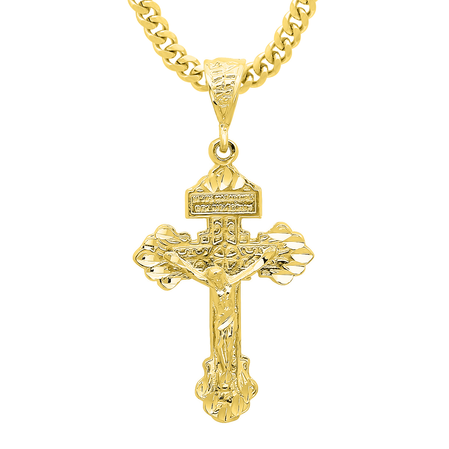 14k Gold Heavy Plated Titulus Cross Crucifix Pendant - Choose Chain Style Set- Rope, Curb or Figaro