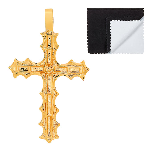 Men's Large 25 mils 14k Gold Plated Cross Pendant, 50mm x 34mm (2 x 1.3 inches) + Cleaning Cloth