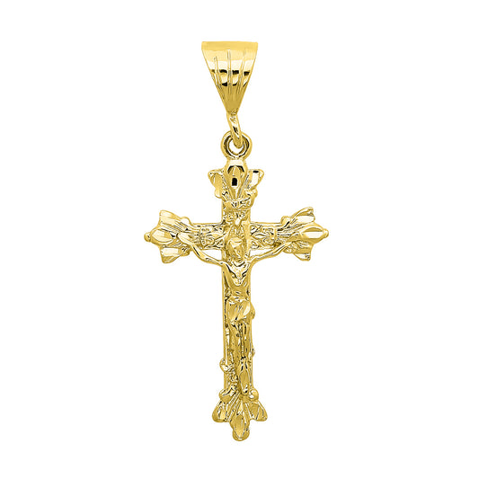 14k Gold Heavy Plated Fleur-De-Lis Trefoil Crucifix Pendant + Chain Necklace Choose Style (Rope, Figaro, or Curb) Set