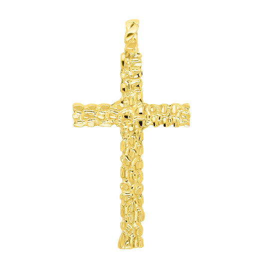 14K Gold Heavy Plated Nugget Textured Cross Pendant - Choose Chain Style Set- Rope, Curb or Figaro