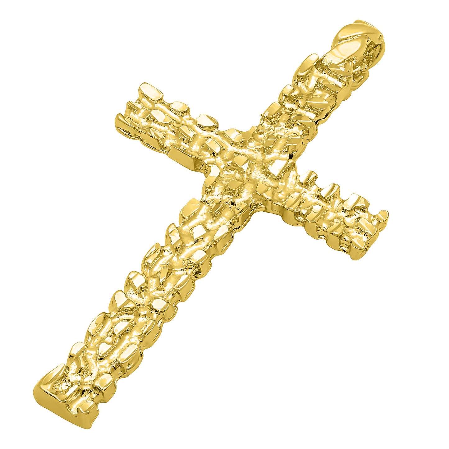 14K Gold Heavy Plated Nugget Textured Cross Pendant - Choose Chain Style Set- Rope, Curb or Figaro