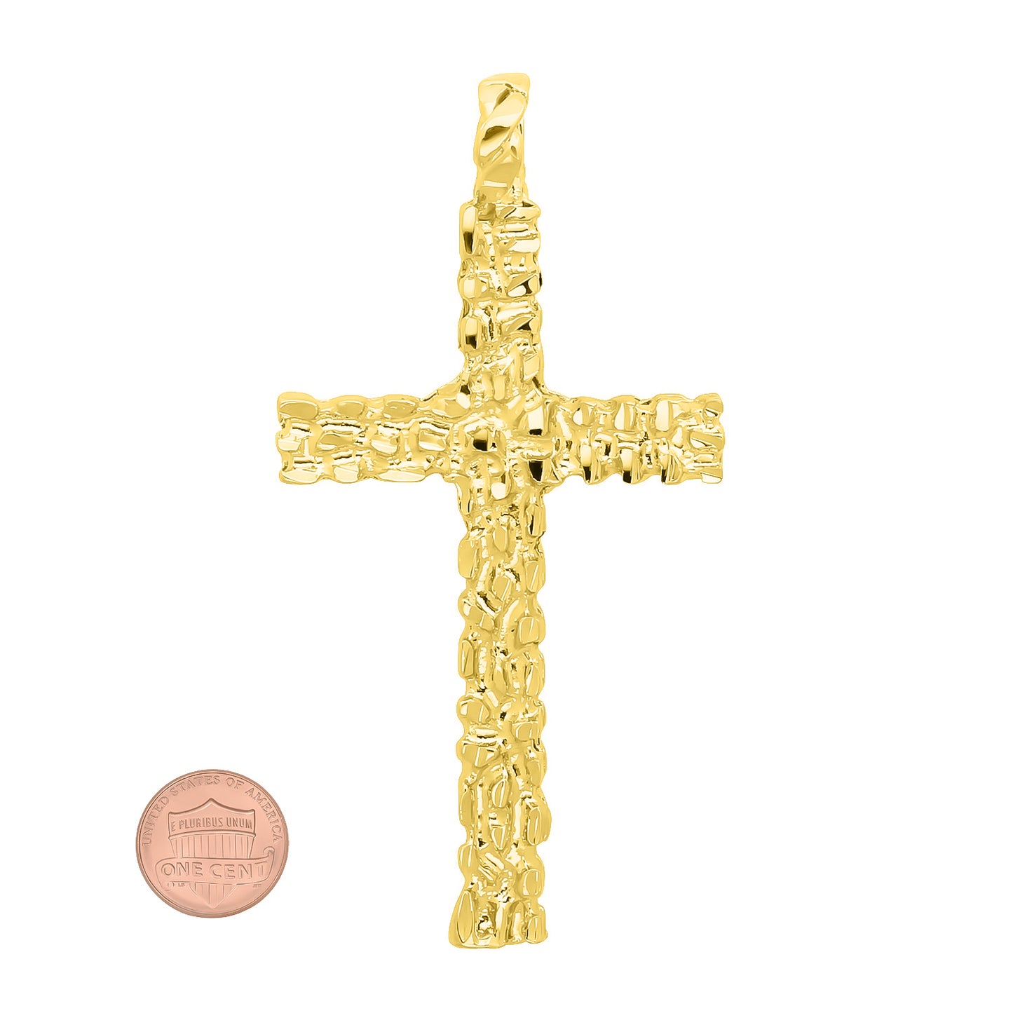 14K Gold Heavy Plated Nugget Textured Cross Pendant - Choose Chain Style Set- Rope, Curb or Figaro