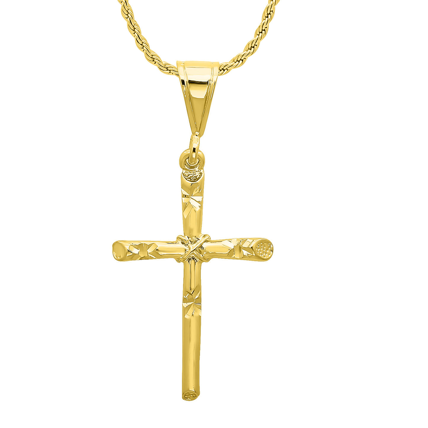 14k Gold Heavy Plated Diamond-Cut Rope Axis Cross Pendant + Chain Necklace Choose Style (Rope, Figaro, or Curb) Set