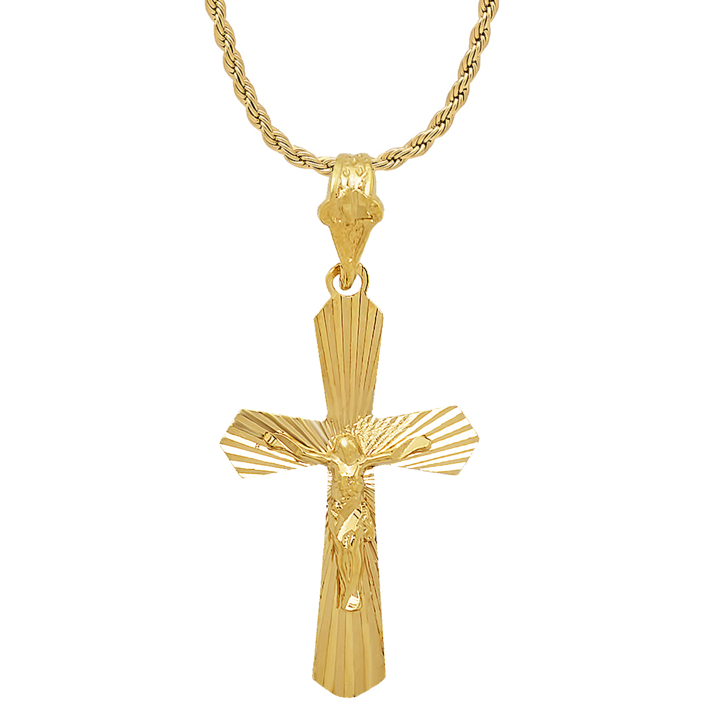 Large 14k Gold Heavy Plated Resurrected Passion Crucifix Pendant + Chain Necklace Choose Style (Rope, Figaro, or Curb) Set