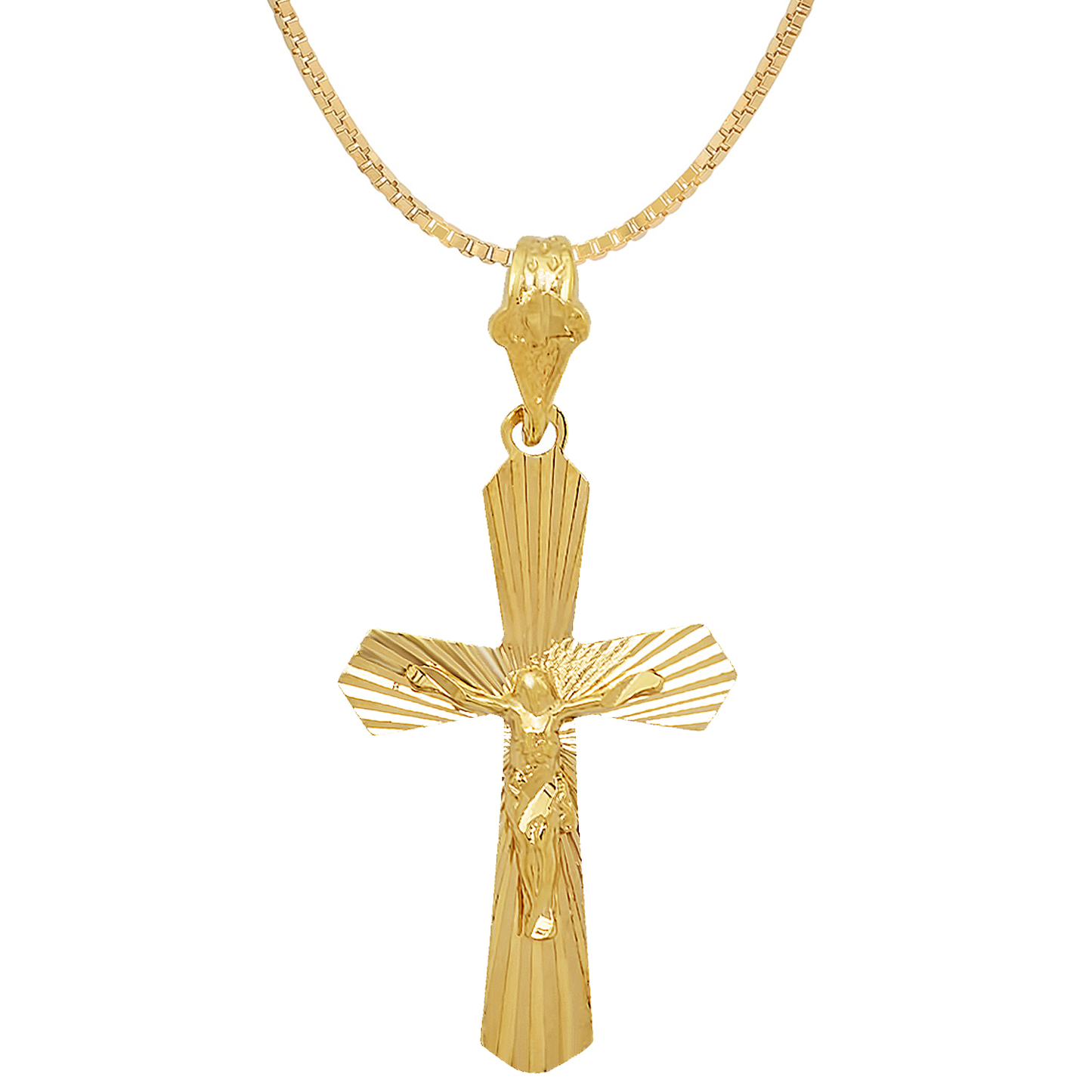 Large 14k Gold Heavy Plated Resurrected Passion Crucifix Pendant + Chain Necklace Choose Style (Rope, Figaro, or Curb) Set