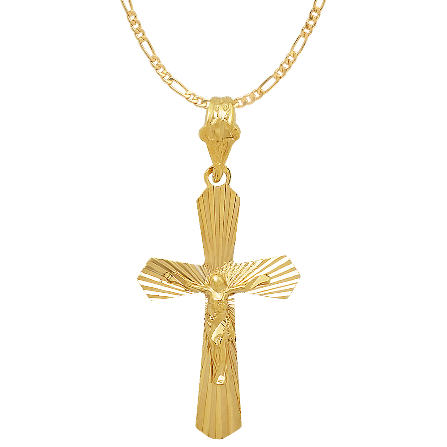 Large 14k Gold Heavy Plated Resurrected Passion Crucifix Pendant + Chain Necklace Choose Style (Rope, Figaro, or Curb) Set