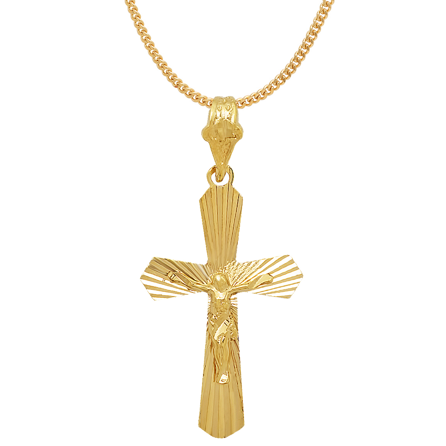 Large 14k Gold Heavy Plated Resurrected Passion Crucifix Pendant + Chain Necklace Choose Style (Rope, Figaro, or Curb) Set