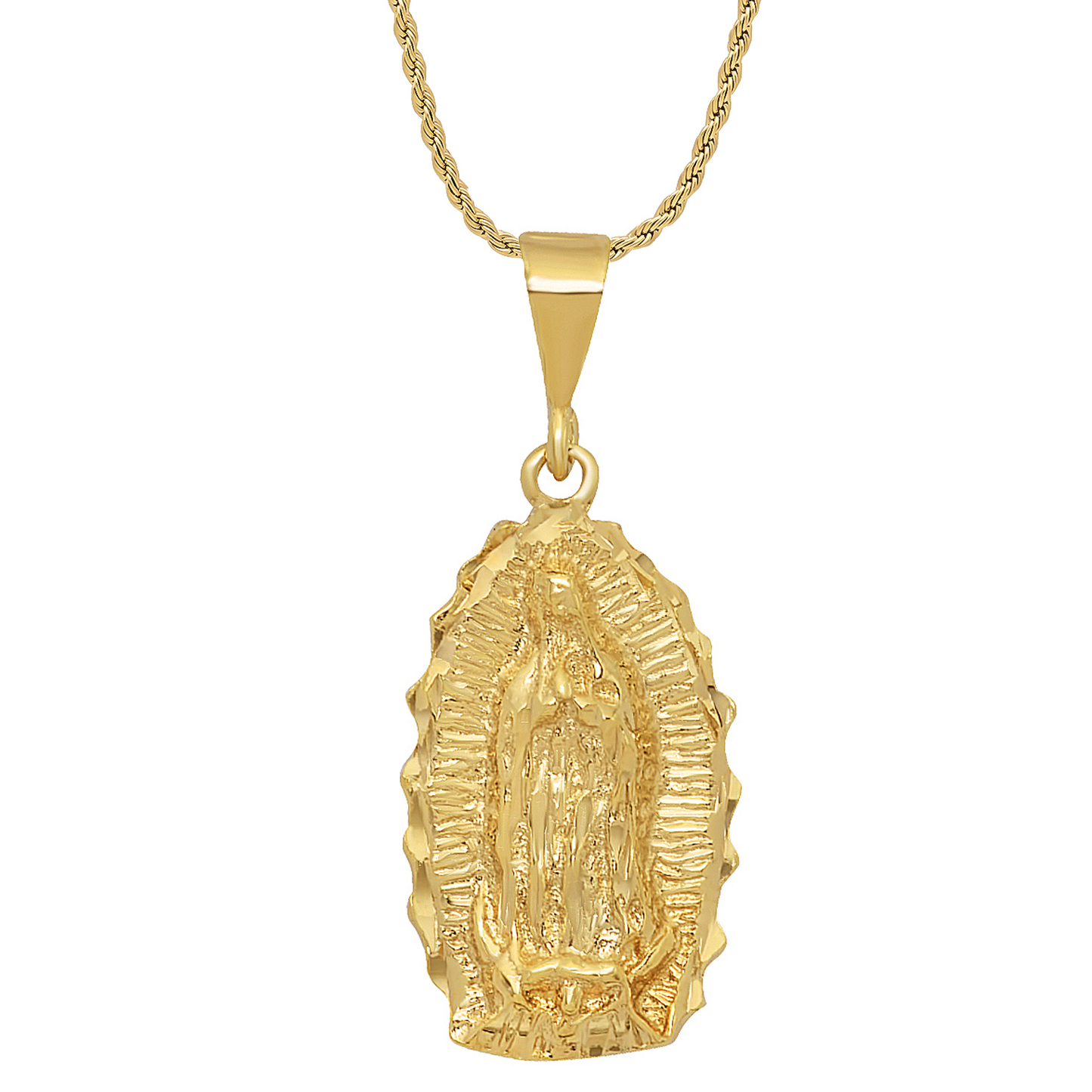 Large 14k Gold Heavy Plated Guadalupe Virgin Mary Oval Pendant + Chain Necklace Choose Style (Rope, Figaro, or Curb) Set