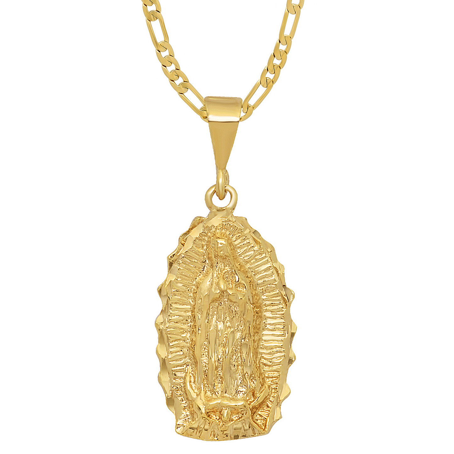 Large 14k Gold Heavy Plated Guadalupe Virgin Mary Oval Pendant + Chain Necklace Choose Style (Rope, Figaro, or Curb) Set