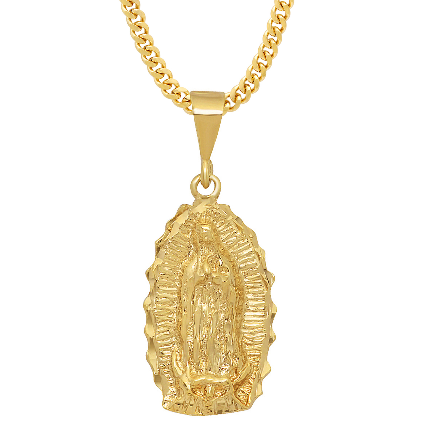 Large 14k Gold Heavy Plated Guadalupe Virgin Mary Oval Pendant + Chain Necklace Choose Style (Rope, Figaro, or Curb) Set