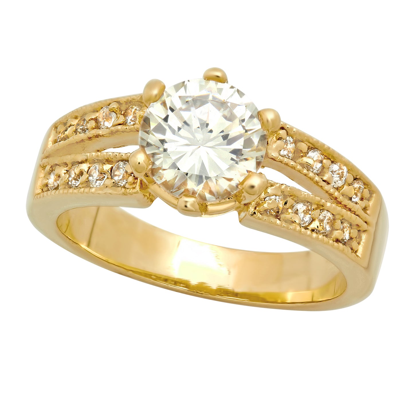 Gold Plated Round CZ Solitaire Ring w/Dual Rows of Accent CZs