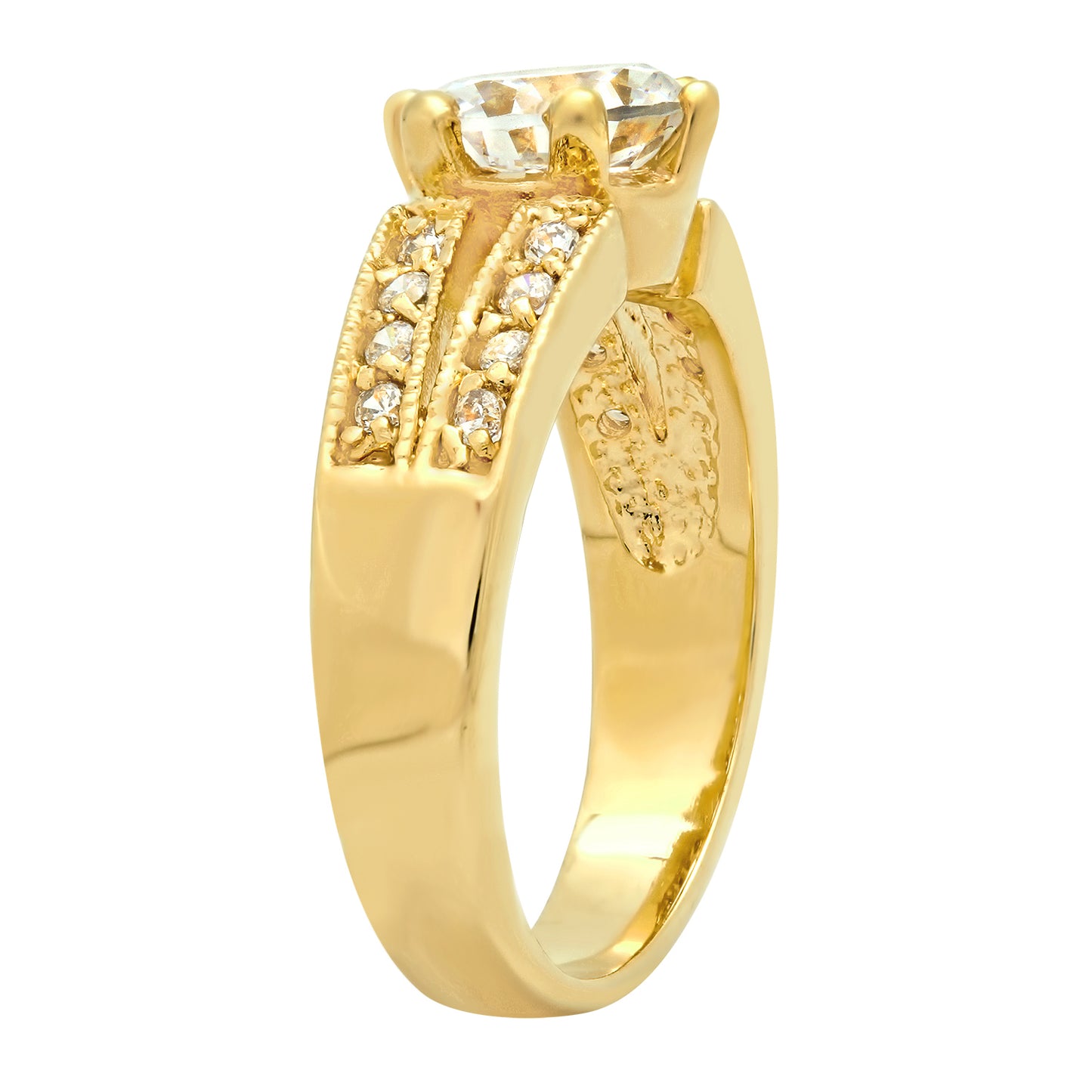 Gold Plated Round CZ Solitaire Ring w/Dual Rows of Accent CZs