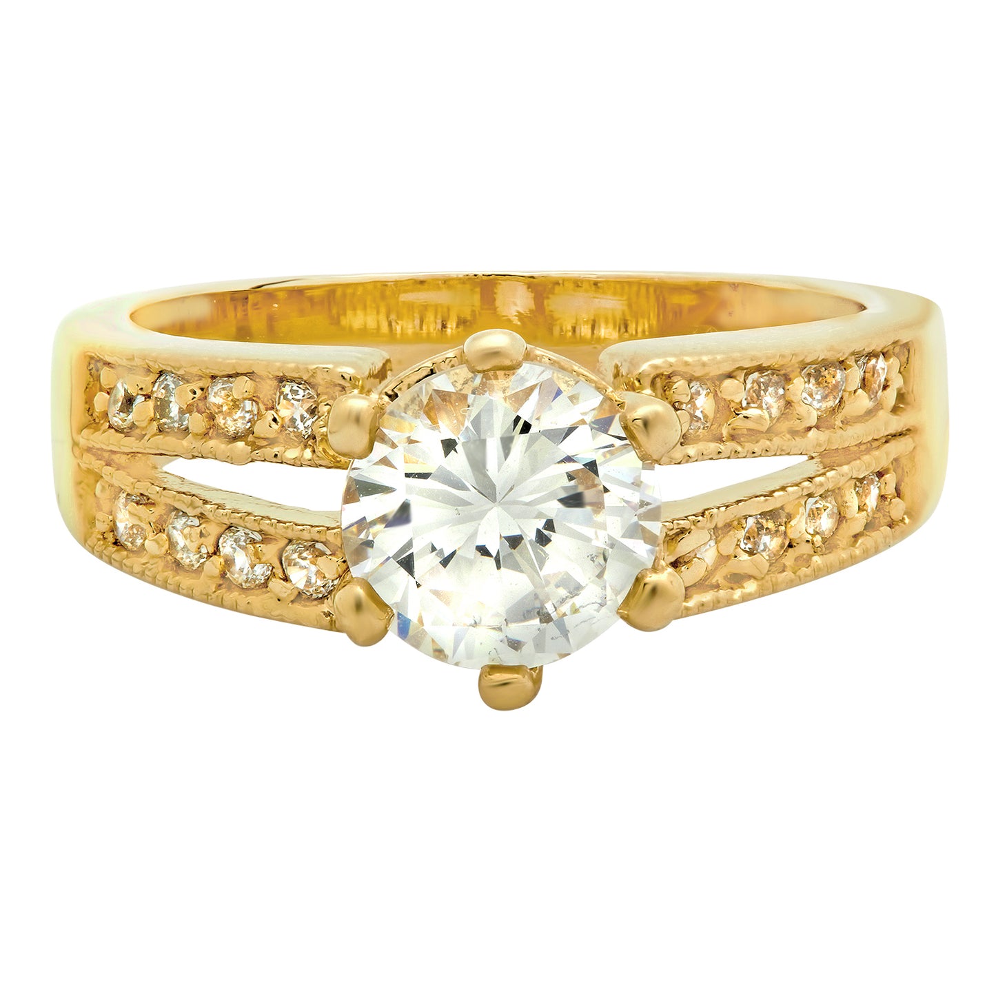 Gold Plated Round CZ Solitaire Ring w/Dual Rows of Accent CZs