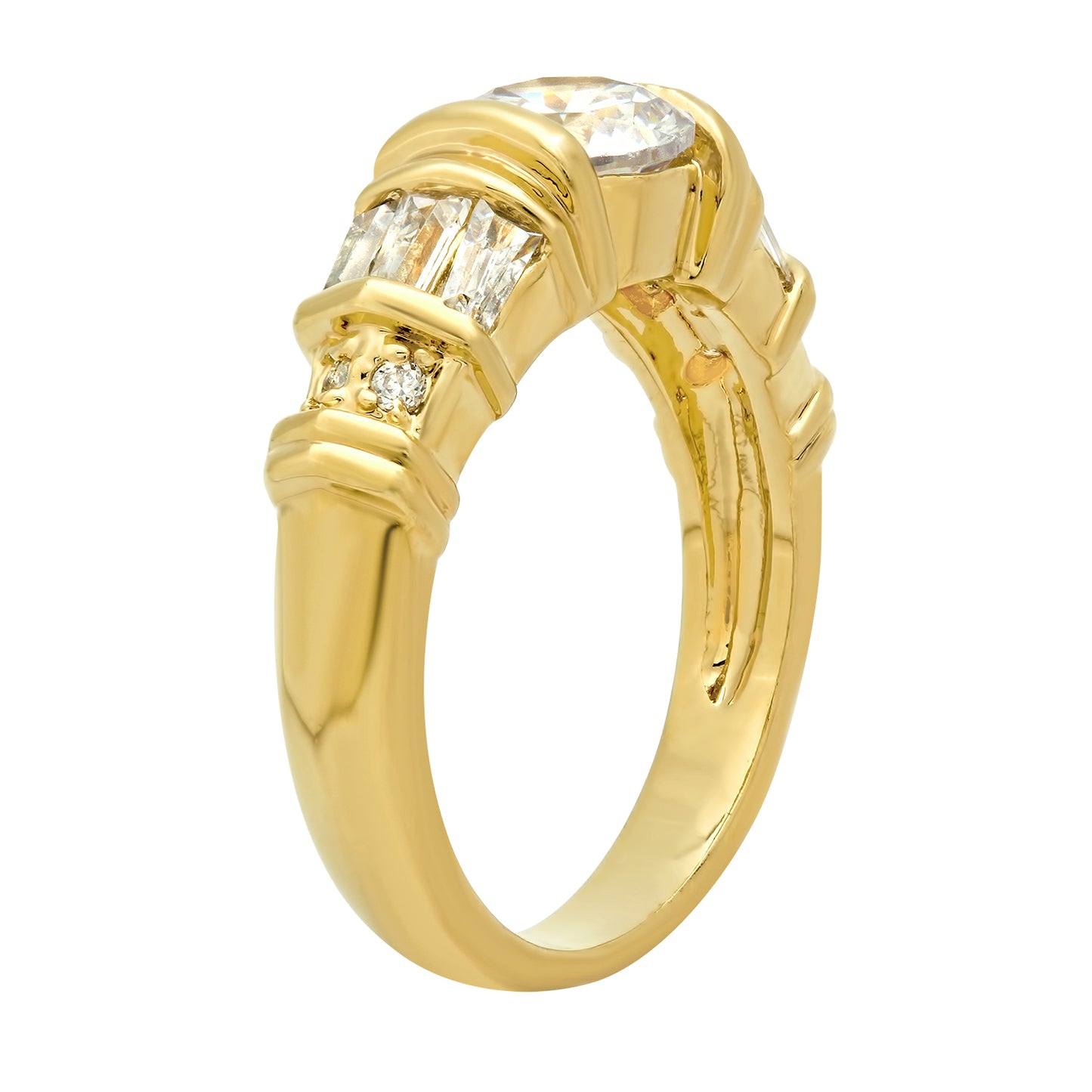Gold Plated Round CZ Solitaire Ring w/Baguette/Round CZ Accents + Jewelry Polishing Cloth (SKU: GL-LR134)