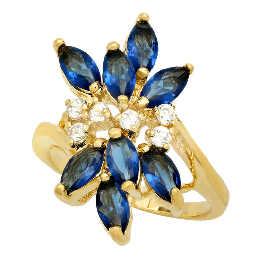 Gold Plated Cluster Ring w/Blue Marquise & Clear Round CZs