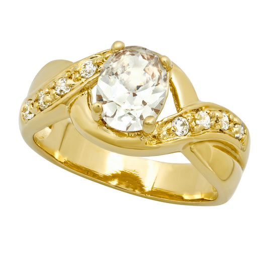 Gold Plated Oval CZ Solitaire Ring w/CZ Accent Crisscross Band + Jewelry Polishing Cloth (SKU: GL-LR33A)