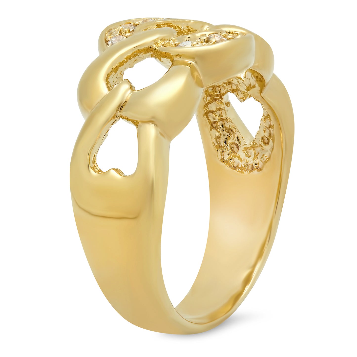 10mm Gold Plated Interlocking Hearts Ring w/Round CZ Accents + Jewelry Polishing Cloth (SKU: GL-LR36)