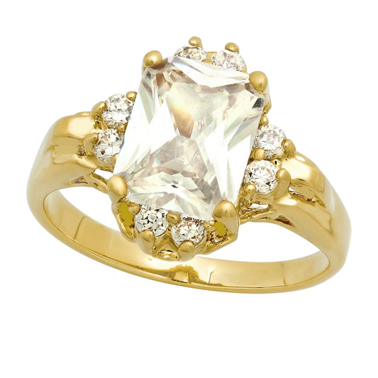 Gold Plated Clear Emerald-Cut CZ Solitaire Ring w/CZ Accents