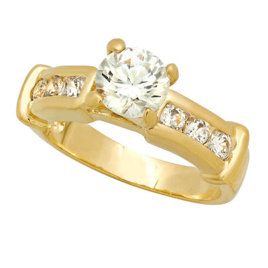 Gold Plated Round CZ Solitaire Ring w/Channel Set Round CZs