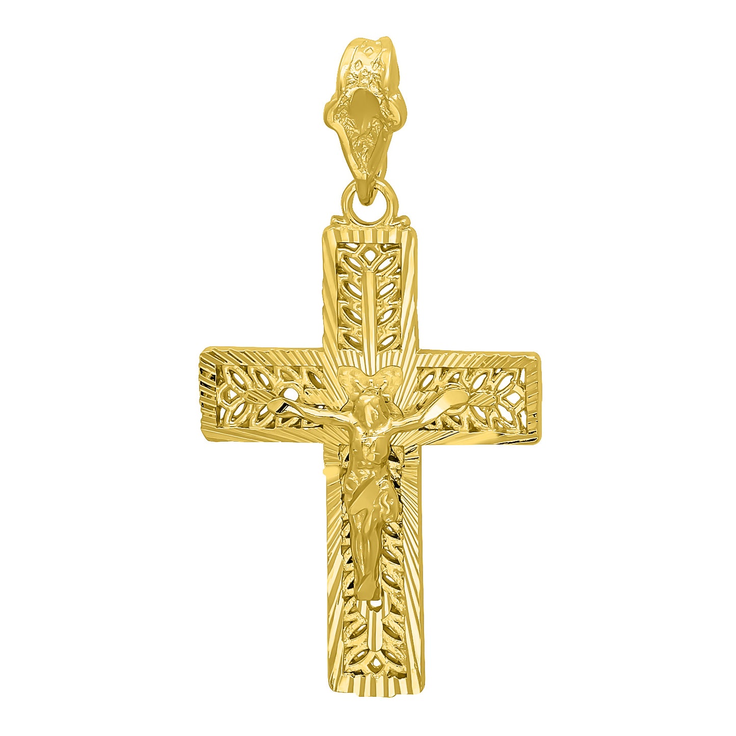 14k Gold Plated 26mm x 36mm Ornate Olive Branch Inlay Crucifix Pendant