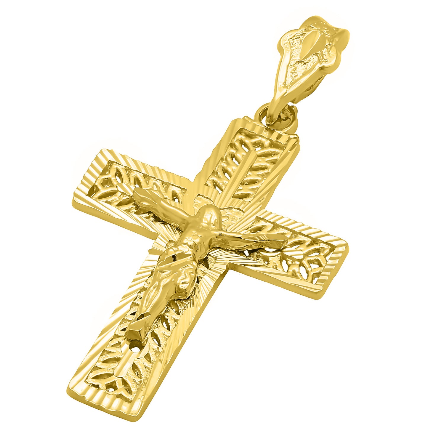 14k Gold Heavy Plated Ornate Olive Branch Inlay Crucifix Pendant + Chain Necklace Choose Style (Rope, Figaro, or Curb) Set