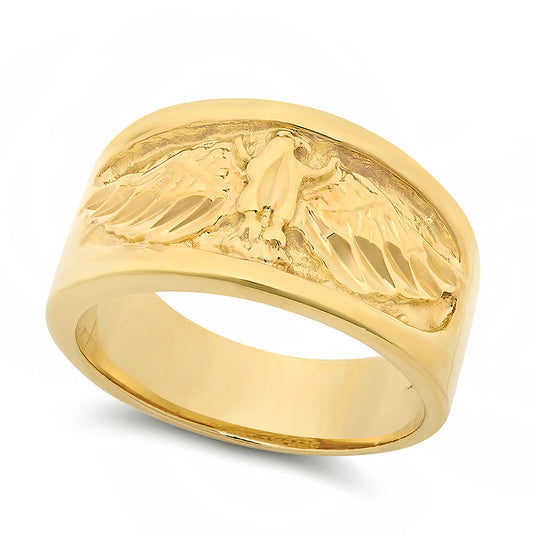 Large 21mm 14k Gold Plated Pipe-Cut Band w/Diamond-Cut Eagle Ring + Jewelry Cloth & Pouch (SKU: GL-MN11)