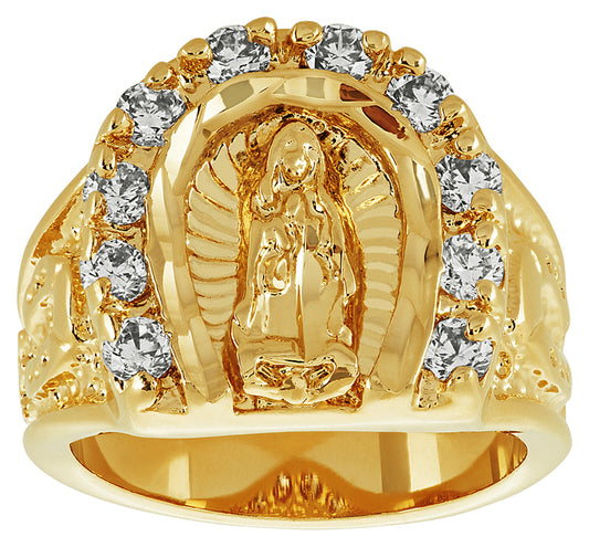 Men's 18mm 14k Yellow Gold Plated Clear Cubic Zirconia Flat Virgin Mary Ring + Gift Box