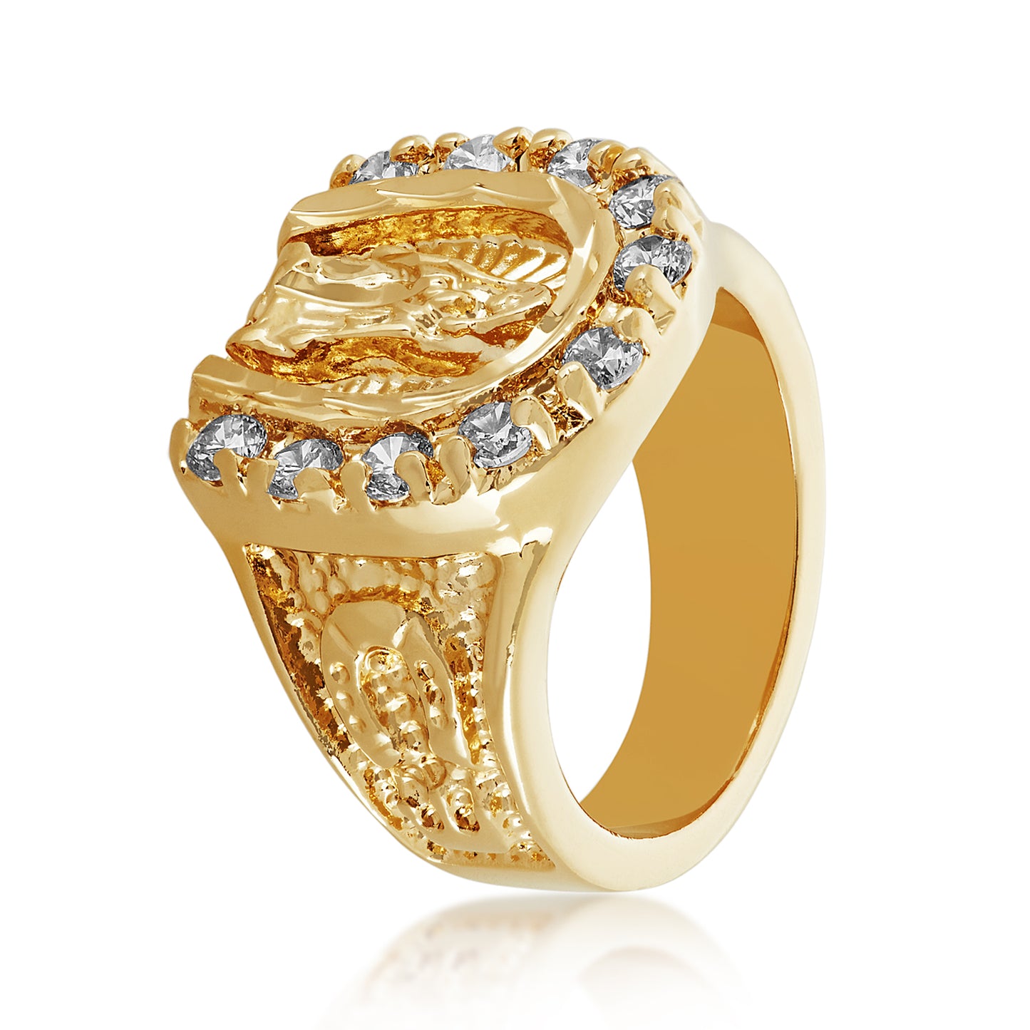 Men's 18mm 14k Yellow Gold Plated Clear Cubic Zirconia Flat Virgin Mary Ring + Gift Box