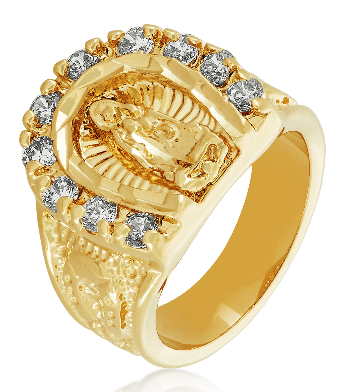 Men's 18mm 14k Yellow Gold Plated Clear Cubic Zirconia Flat Virgin Mary Ring + Gift Box