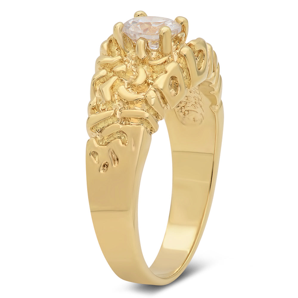 14k Gold Plated 12mm Chunky Nugget w/Round Clear CZ Solitaire Ring + Jewelry Polishing Cloth (SKU: GL-MN30)