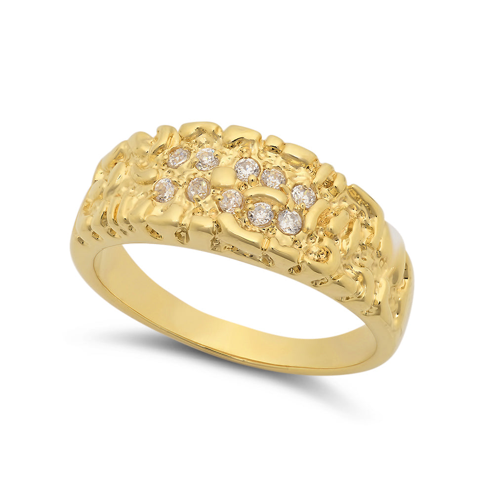 Large & Chunky 14k Gold Plated Nugget Round CZ Ring